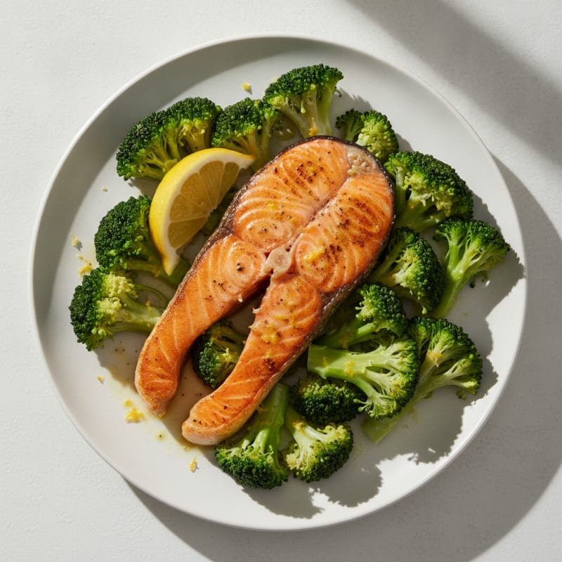 Seared Salmon Filet with Steamed Broccoli and Lemon