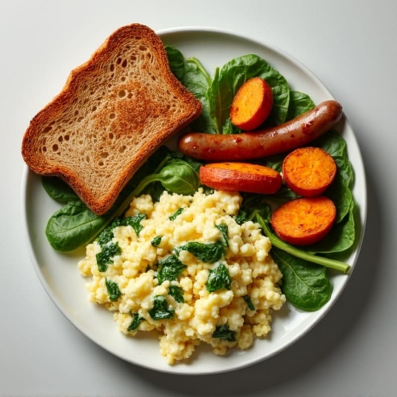 Egg White and Spinach Scramble with Turkey Sausage and Roasted Sweet Potatoes