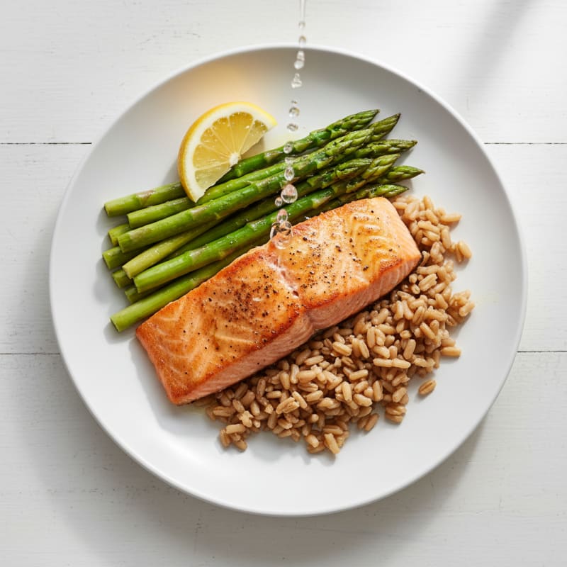 Seared Salmon Fillet with Steamed Asparagus and Brown Rice