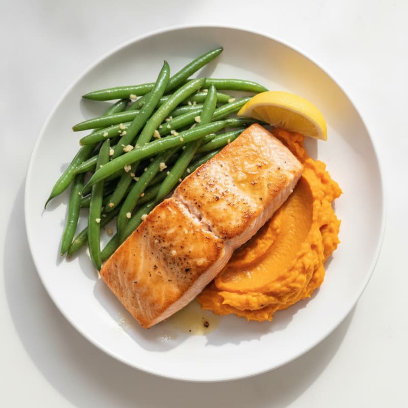 Seared Salmon with Garlic Green Beans and Sweet Potato Mash