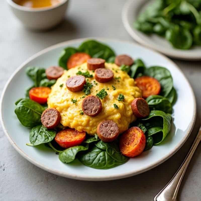 Egg White and Turkey Sausage Scramble with Spinach and Roasted Sweet Potatoes