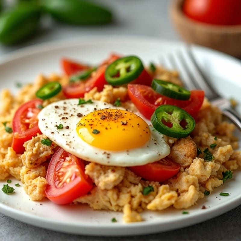 Spicy Chicken and Egg Scramble with Fresh Tomatoes and Jalapeño