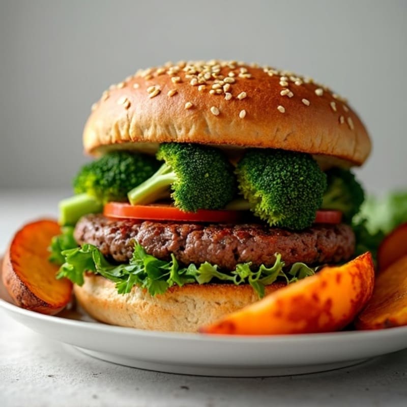 Lean Beef Burger with Roasted Broccoli and Crispy Sweet Potato Wedges