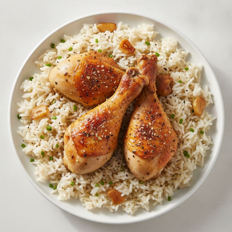 Roasted Chicken Legs with Garlic Rice