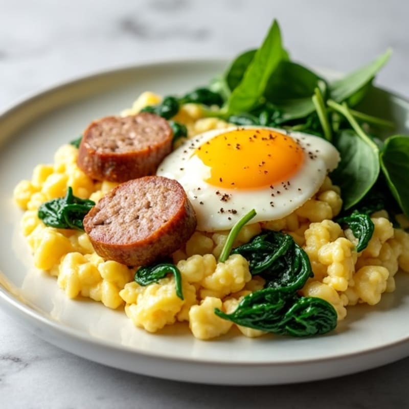 Egg White Scramble with Turkey Sausage and Sautéed Spinach