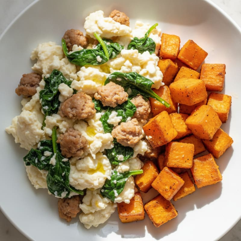 Egg White and Turkey Sausage Scramble with Spinach and Roasted Sweet Potato