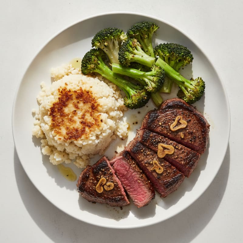 Seared Sirloin Steak with Steamed Broccoli and Cauliflower Rice