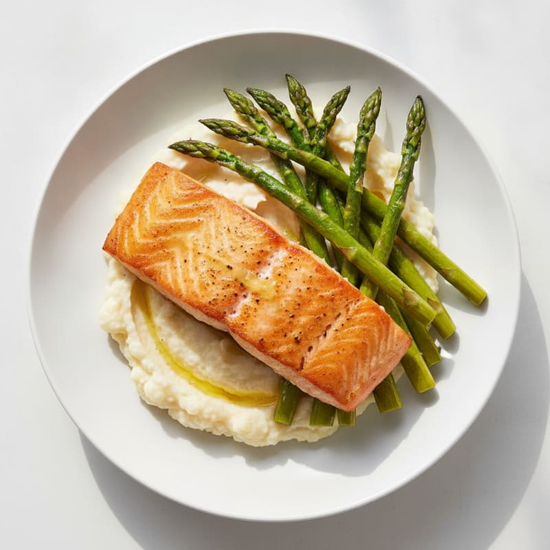 Seared Salmon with Roasted Asparagus and Cauliflower Mash