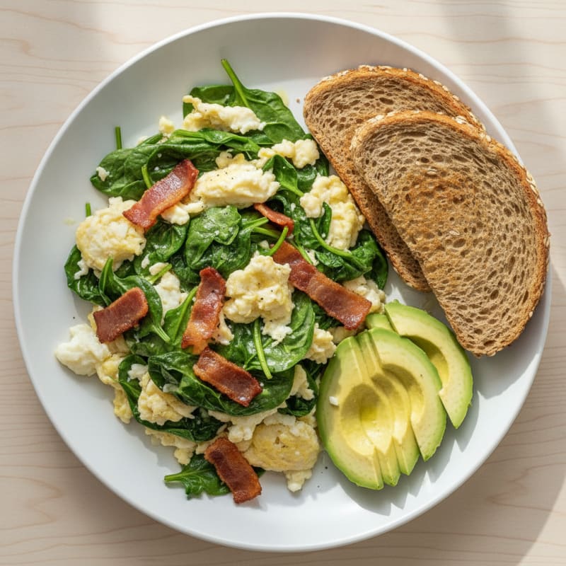Crispy Turkey Bacon and Egg White Scramble with Sautéed Spinach