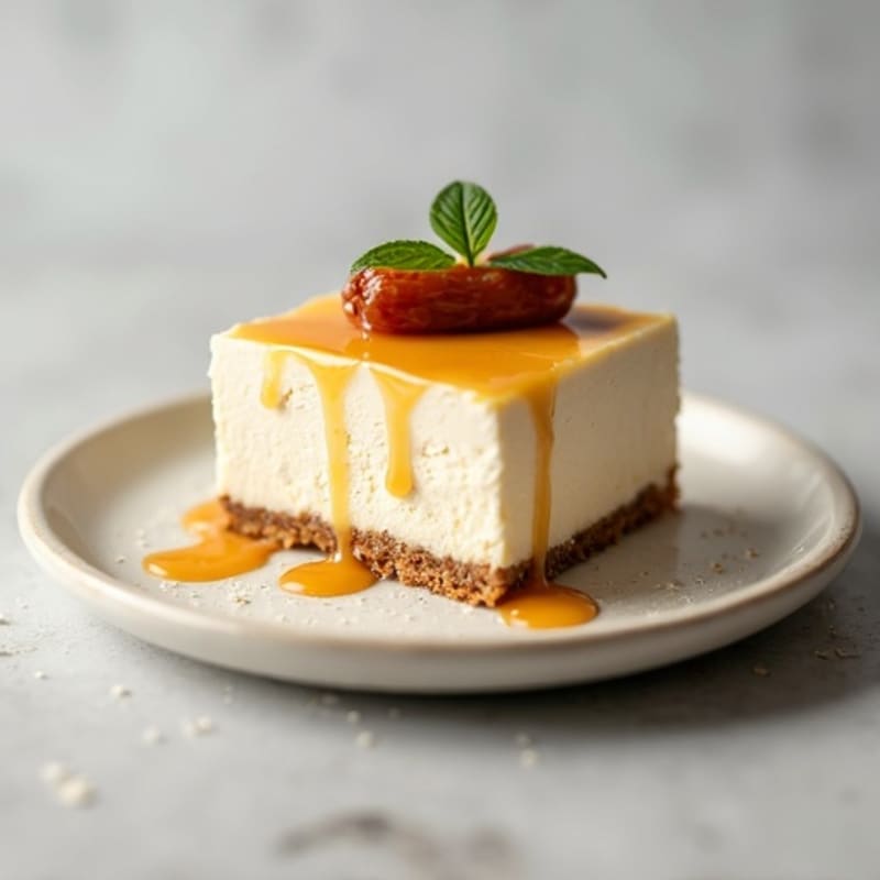 Greek Yogurt Vanilla Bean Cheesecake with Date Caramel Drizzle