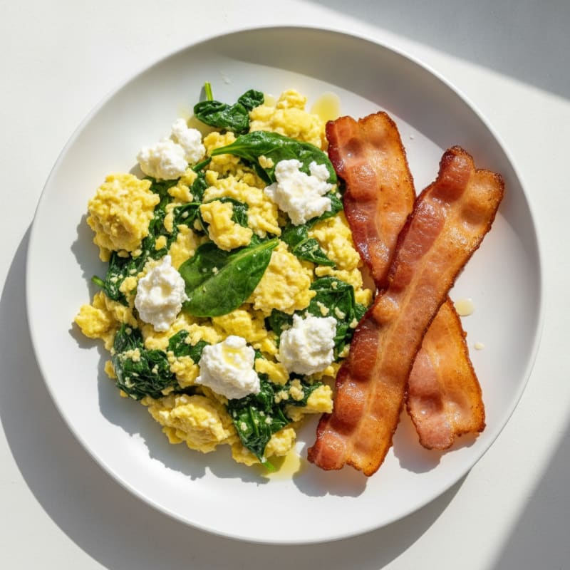 Cottage Cheese Scramble with Spinach and Turkey Bacon