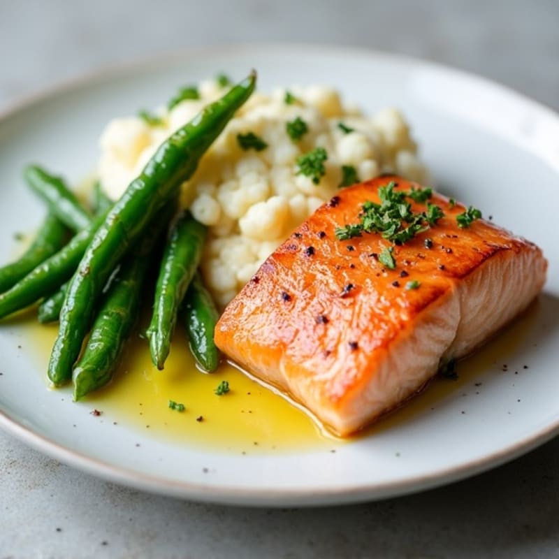 Seared Salmon with Steamed Green Beans and Cauliflower Mash