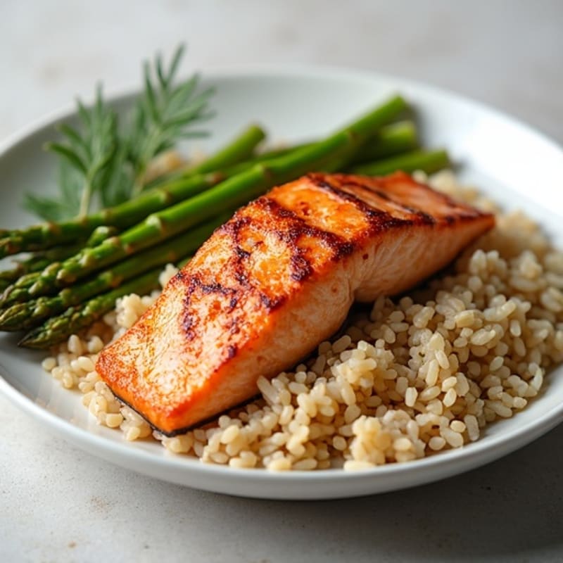 Seared Salmon with Steamed Asparagus and Brown Rice