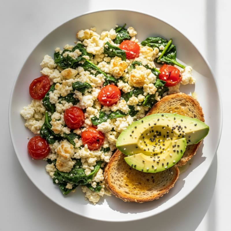 Egg White and Cottage Cheese Scramble with Spinach and Cherry Tomatoes