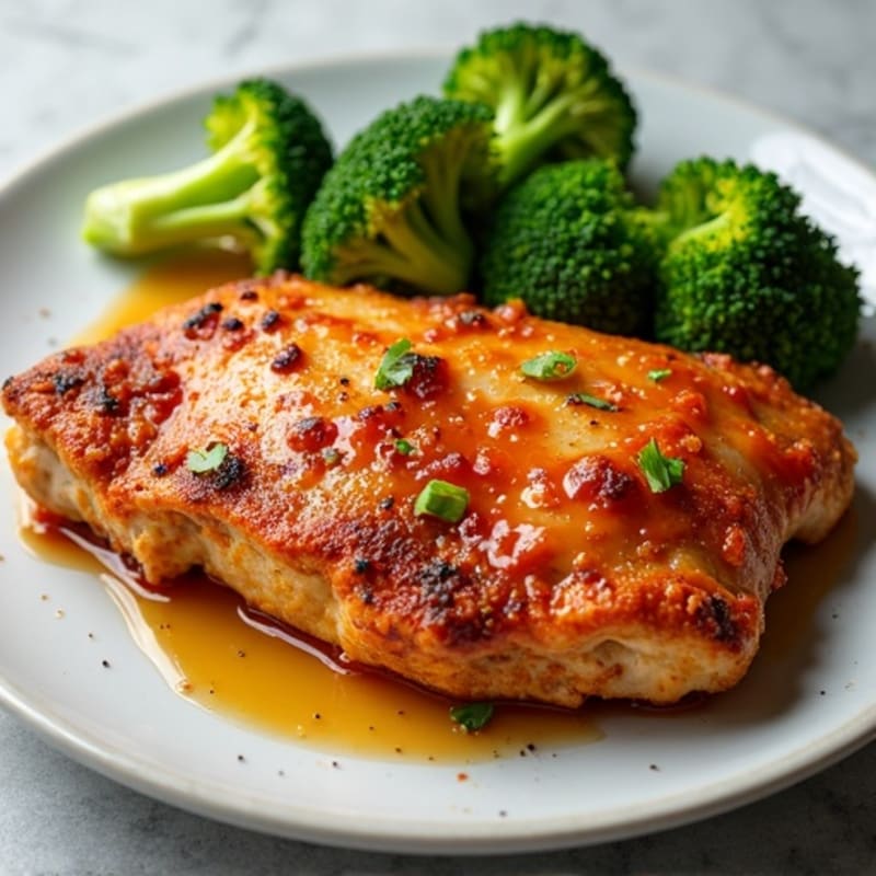 Crispy Baked Chicken with Sweet and Spicy Glaze and Steamed Broccoli