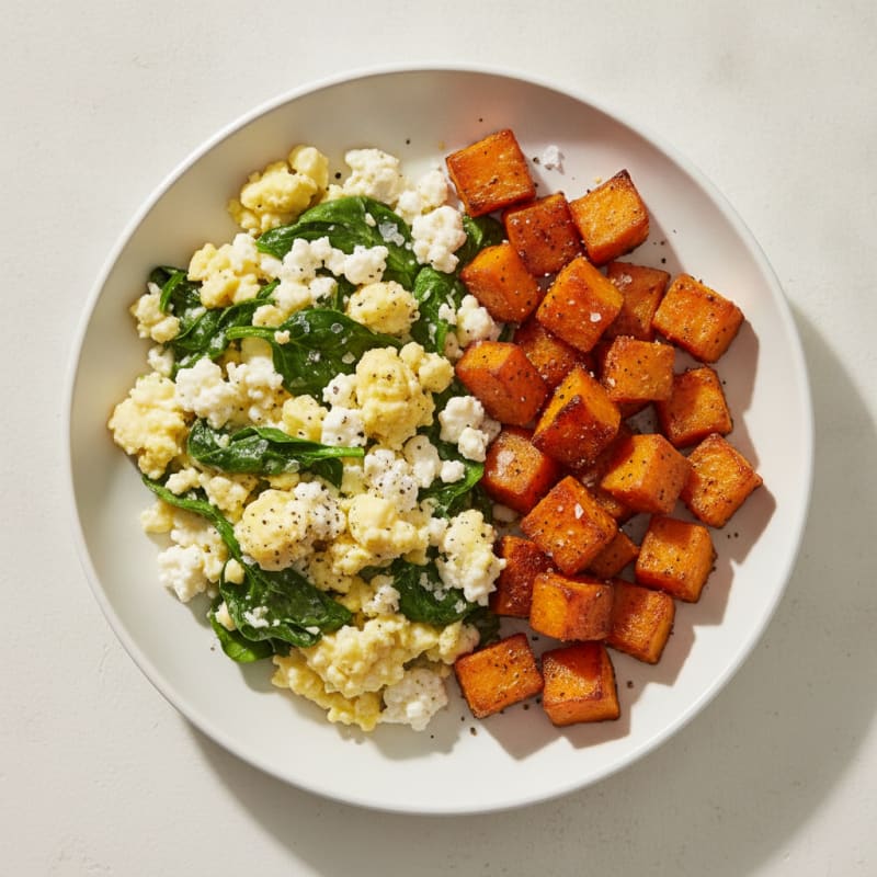 Cottage Cheese Scramble with Spinach and Roasted Sweet Potato