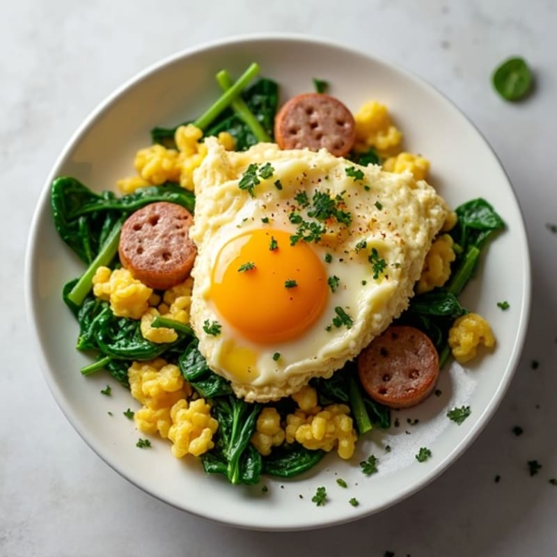 Egg White Scramble with Turkey Sausage and Sautéed Spinach