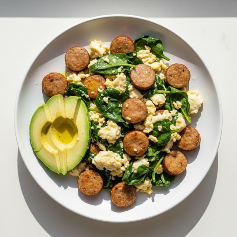 Egg White and Turkey Sausage Scramble with Baby Spinach