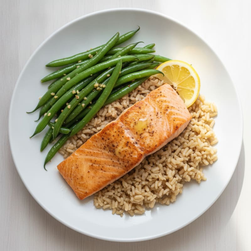 Seared Salmon with Garlic Green Beans and Brown Rice