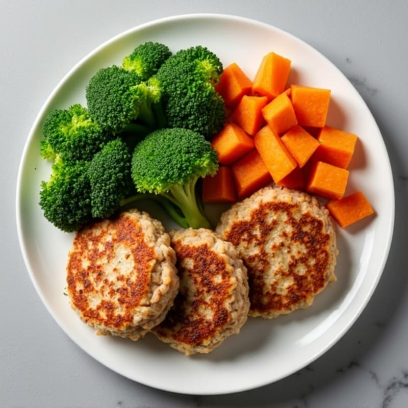 Seared Turkey Patties with Roasted Sweet Potato and Steamed Broccoli