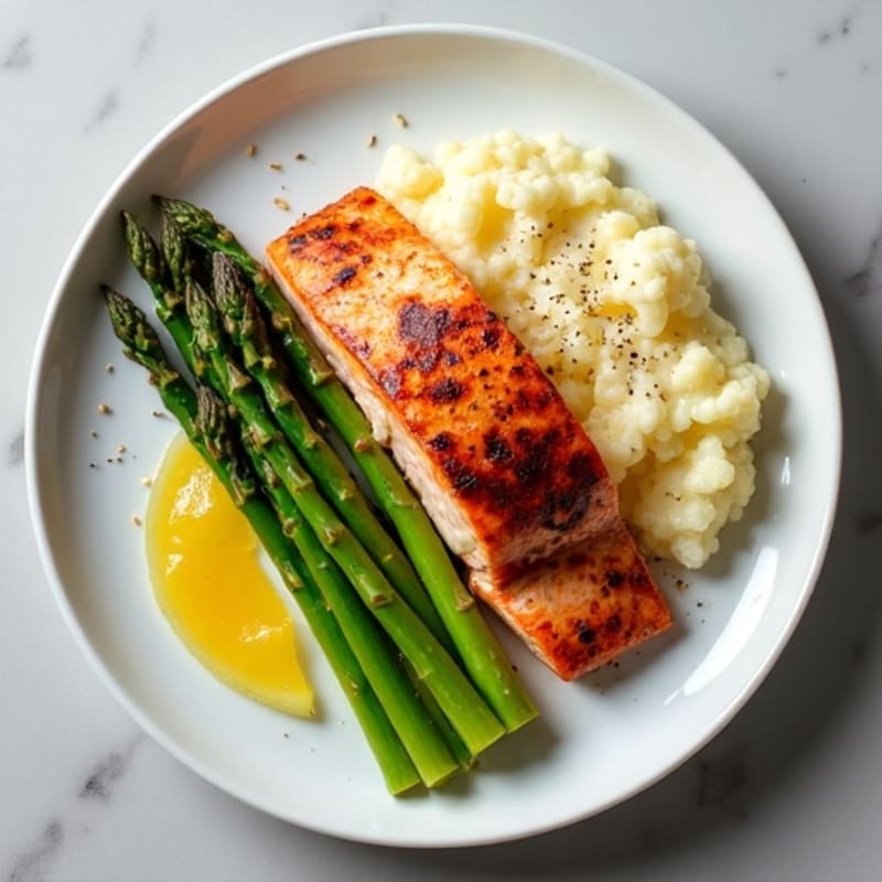 Seared Salmon Fillet with Roasted Asparagus and Cauliflower Mash