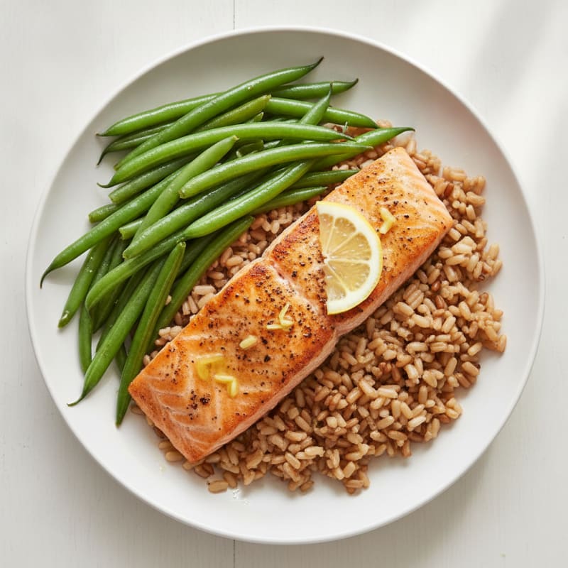 Seared Salmon with Steamed Green Beans and Brown Rice