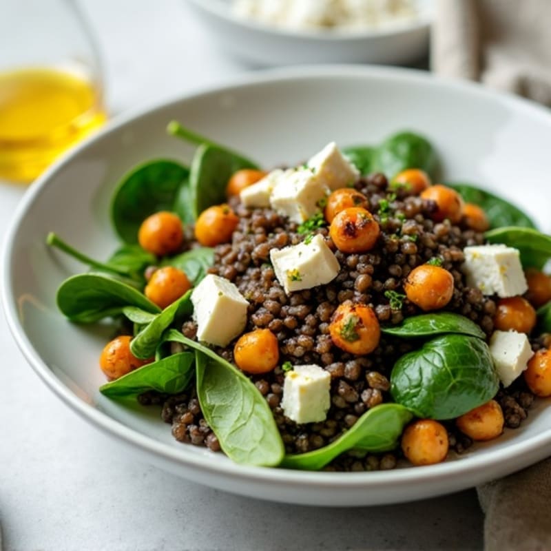 Lentil Spinach Salad with Feta and Roasted Chickpeas