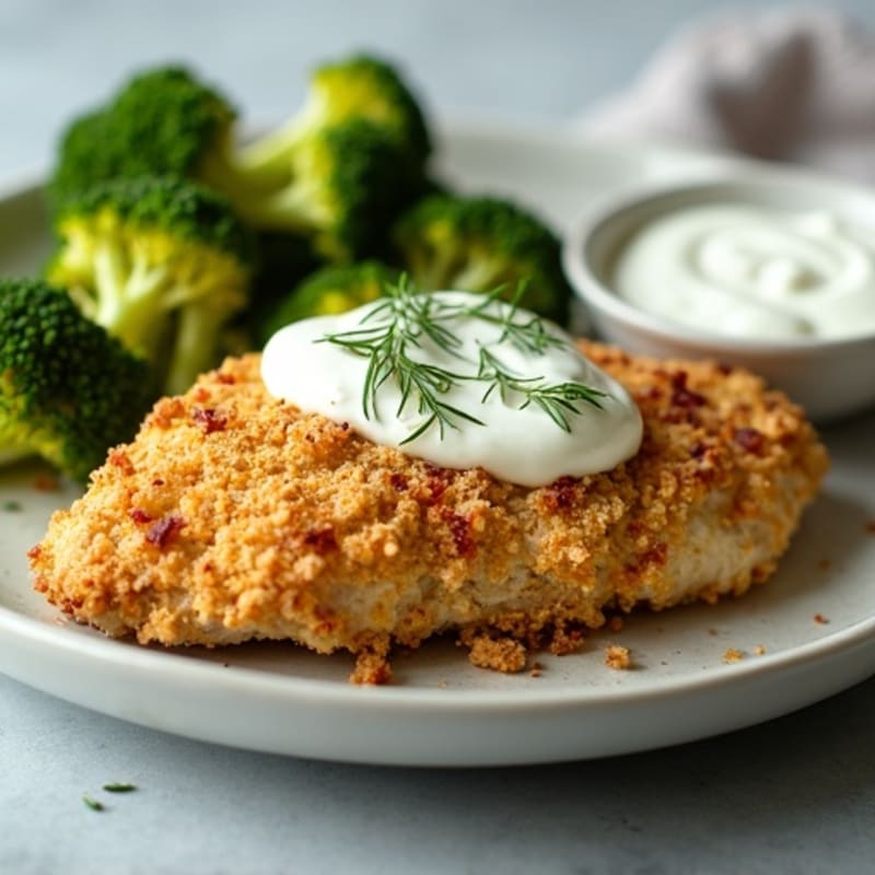 Crispy Everything Bagel Crusted Chicken with Creamy Dill Yogurt Sauce and Roasted Broccoli