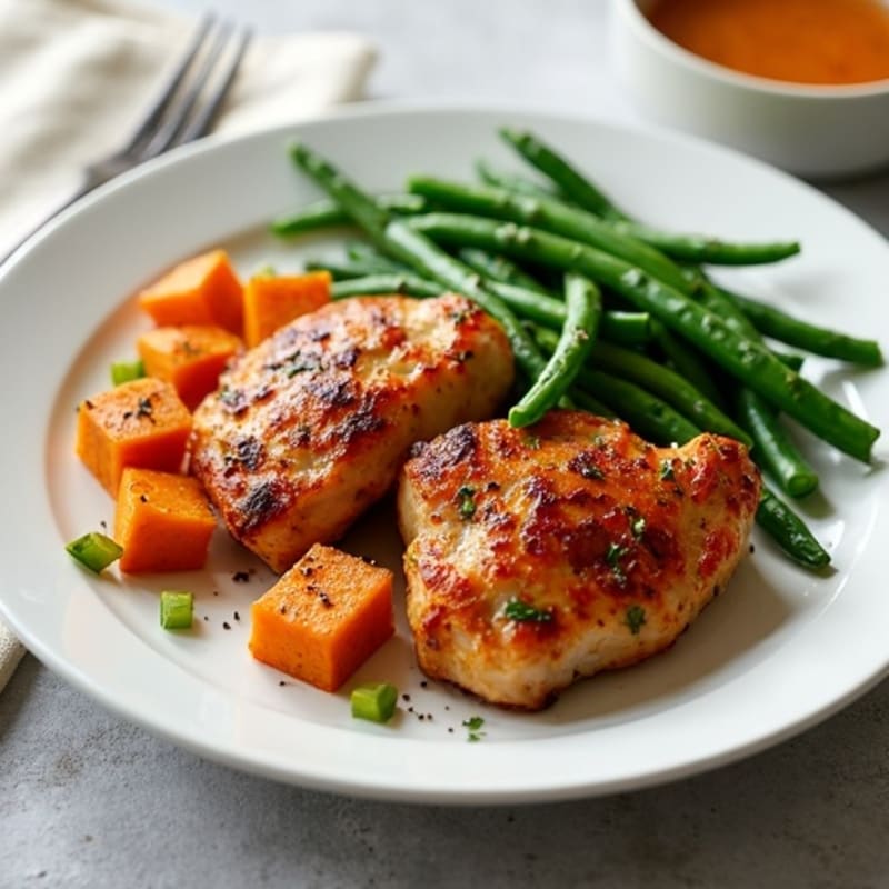 Seared Chicken Thighs with Roasted Sweet Potatoes and Green Beans