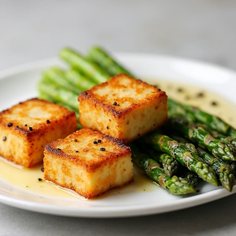 Crispy Tofu with Roasted Asparagus and Lemon-Garlic Dressing