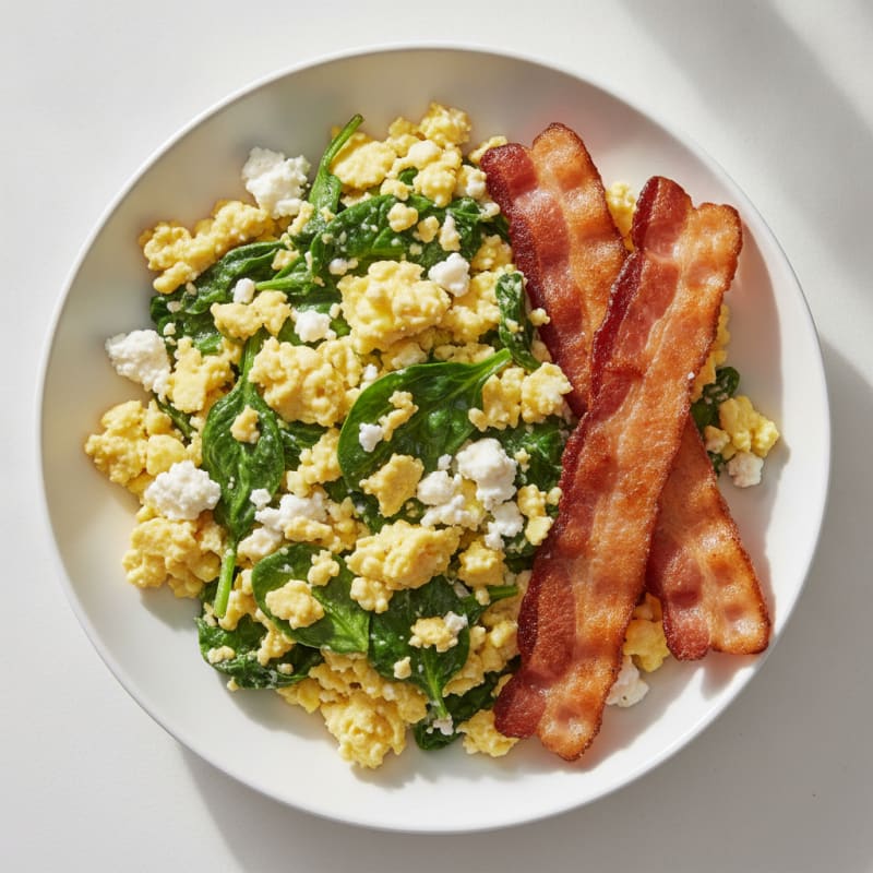 Cottage Cheese Egg Scramble with Spinach and Turkey Bacon