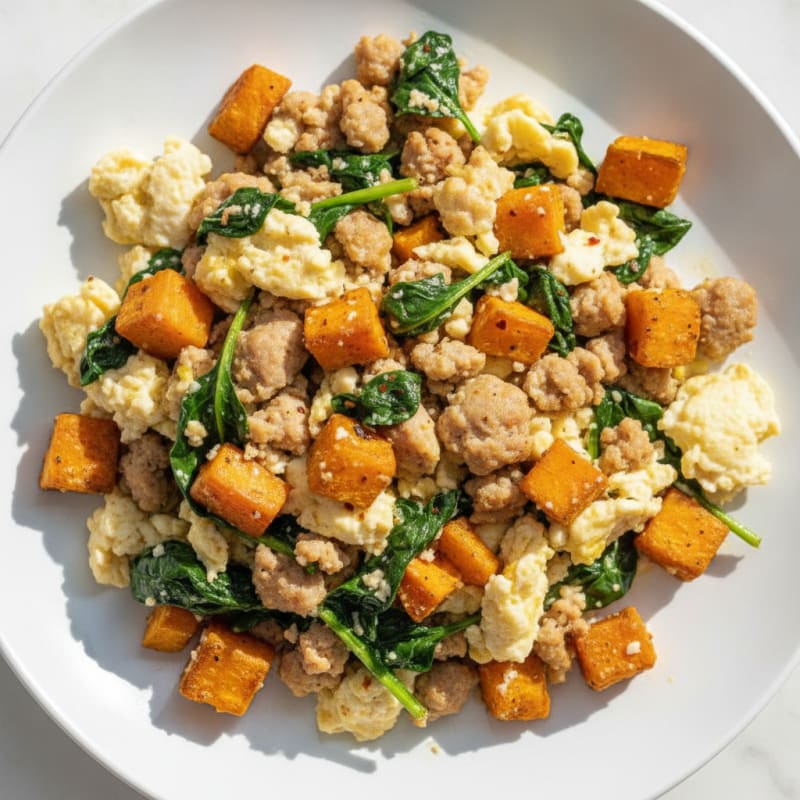 Egg White and Turkey Sausage Scramble with Sautéed Spinach
