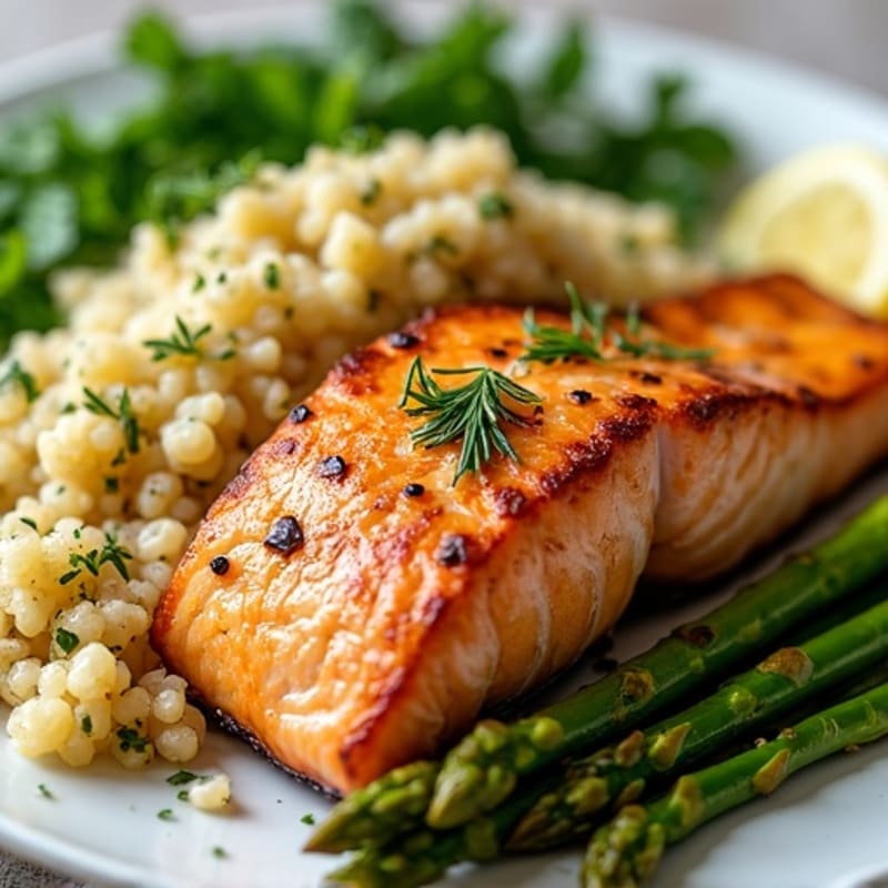 Crispy Pan-Seared Salmon with Lemon Herb Quinoa and Roasted Asparagus
