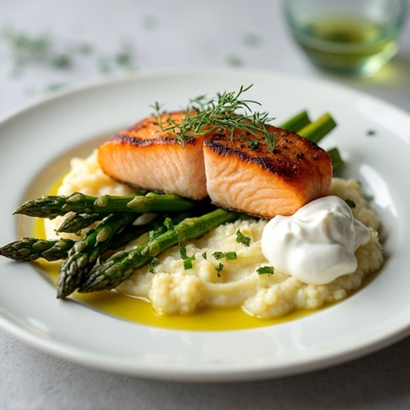 Seared Salmon Fillet with Roasted Asparagus and Cauliflower Mash