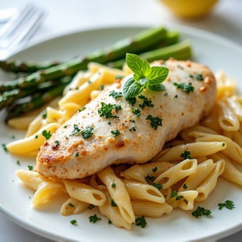 Creamy Lemon-Herb Chicken Pasta with Roasted Asparagus