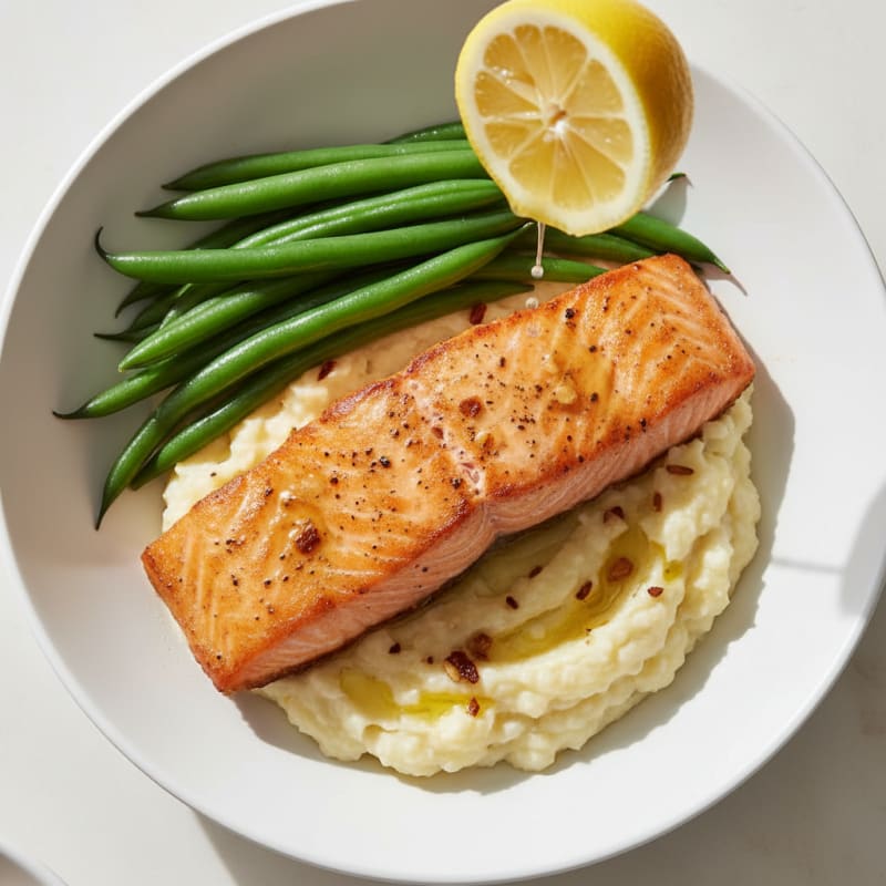 Seared Salmon Fillet with Steamed Green Beans and Garlic Mashed Cauliflower
