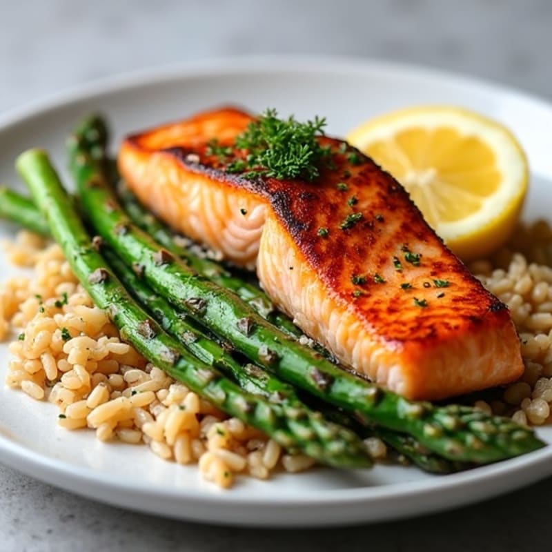 Seared Salmon with Steamed Asparagus and Brown Rice