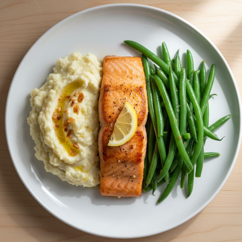 Seared Salmon with Steamed Green Beans and Garlic Mashed Cauliflower