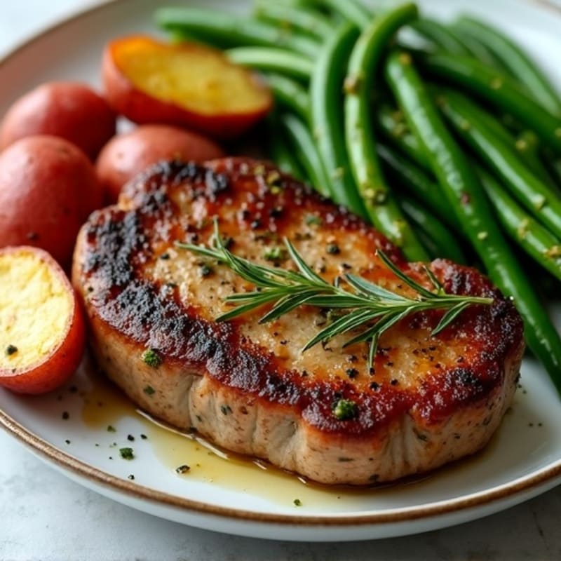 Garlic Herb Pan-Seared Steak with Crispy Roasted Potatoes and Fresh Green Beans
