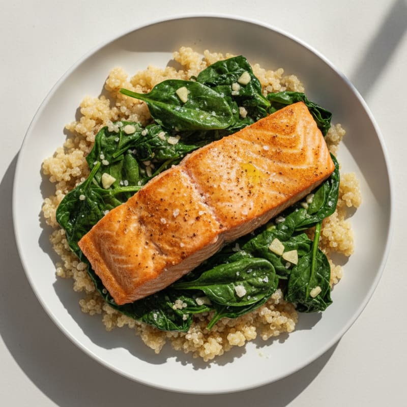 Seared Salmon with Garlic Spinach and Quinoa