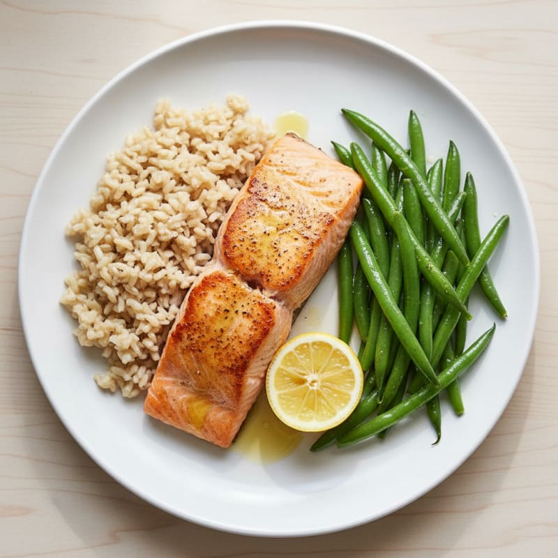 Seared Salmon with Steamed Green Beans and Brown Rice
