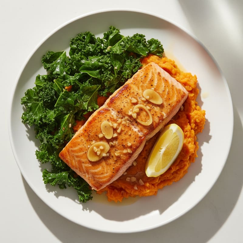 Seared Ginger Salmon with Sautéed Kale and Sweet Potato Mash