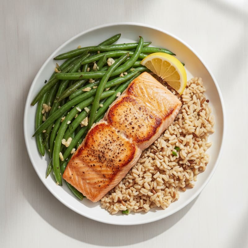 Seared Salmon with Garlic Green Beans and Brown Rice