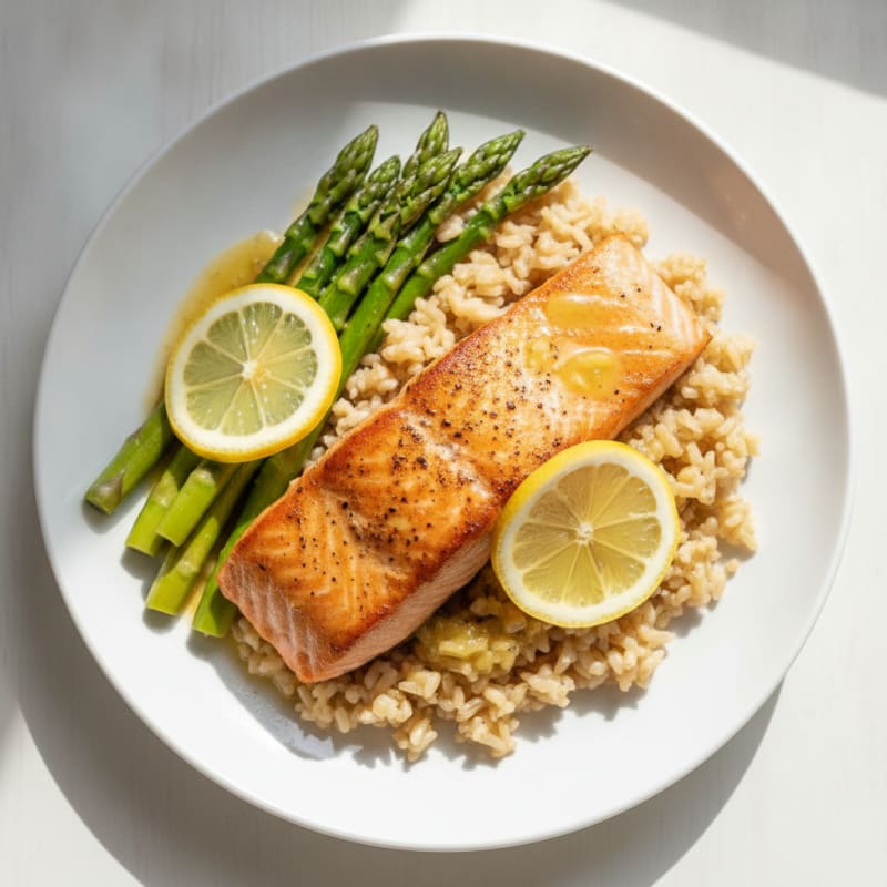 Seared Salmon with Steamed Asparagus and Brown Rice