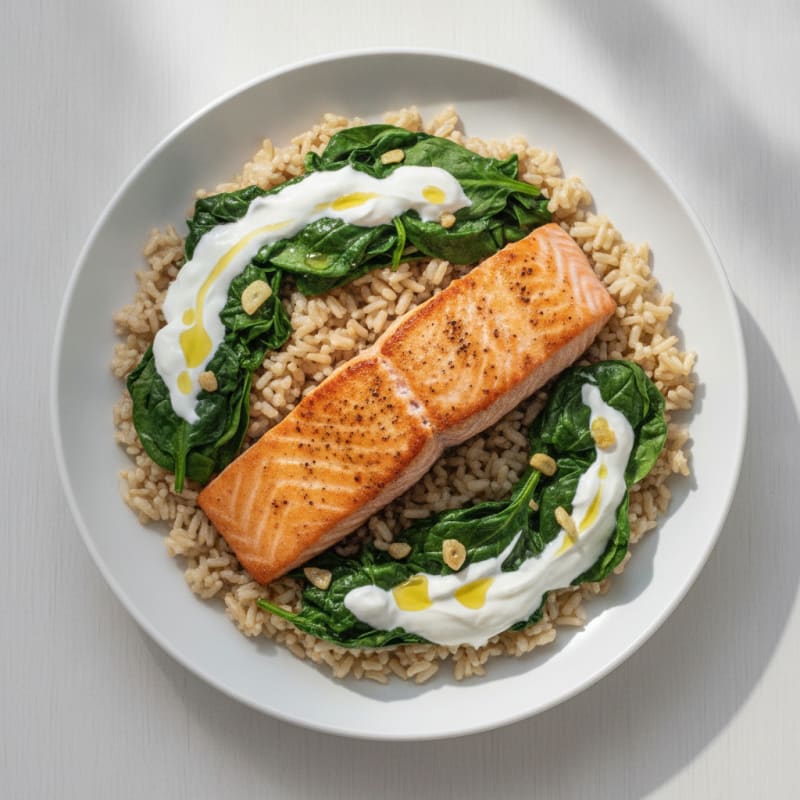 Seared Salmon Fillet with Creamy Spinach and Brown Rice
