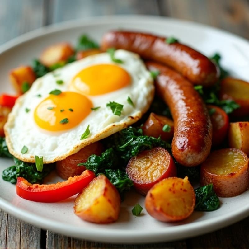 Crispy Potato and Veggie Skillet with Scrambled Eggs and Lean Turkey Sausage