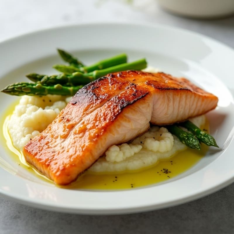 Seared Salmon with Steamed Asparagus and Cauliflower Mash