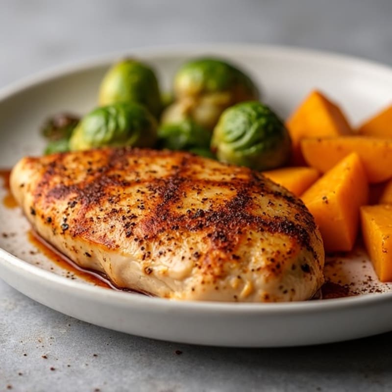 Roasted Chicken with Cinnamon-Spiced Sweet Potatoes and Crispy Brussels Sprouts