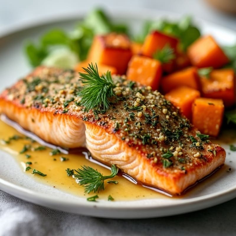 Herb-Crusted Baked Salmon with Roasted Sweet Potato