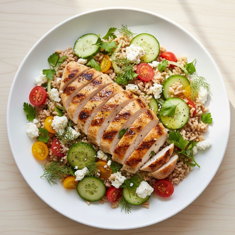 Lemon Herb Rice Salad with Feta and Grilled Chicken